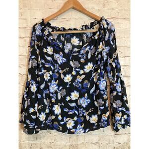 WHBM‎ Top Womens Medium Black & Blue Floral Bell Sleeve Boho Flowy V Neck